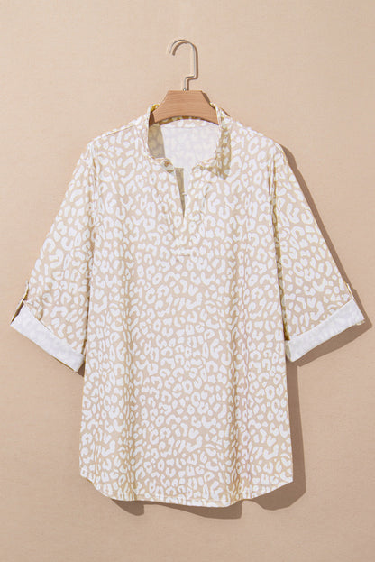 Plus Size Leopard Tab Sleeve V-Neck Top