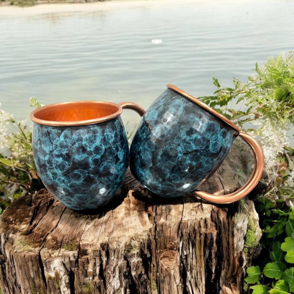 Set of Two Copper Barrel Mugs, Hammered and Stained Blue Patina