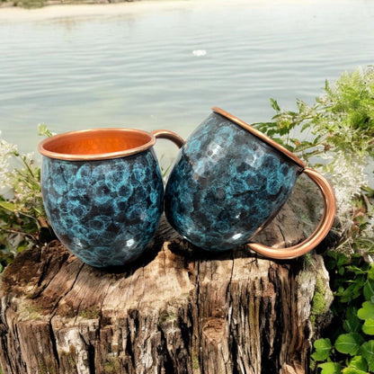 Set of Two Copper Barrel Mugs, Hammered and Stained Blue Patina
