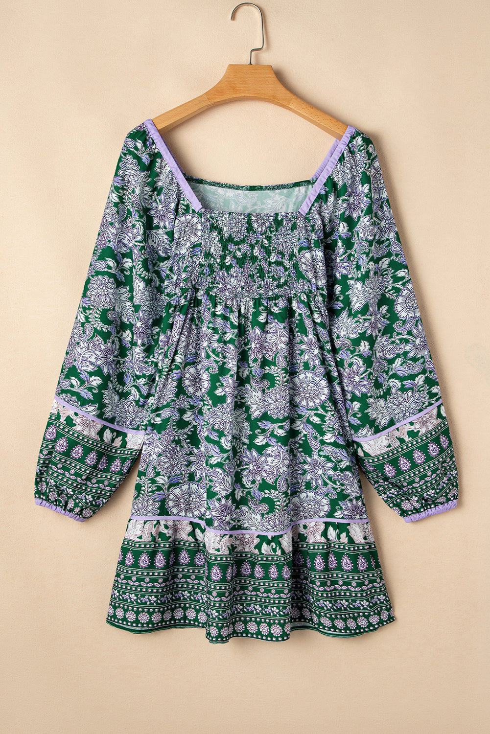 Floral Piping Trim Bubble Sleeve Square Dress