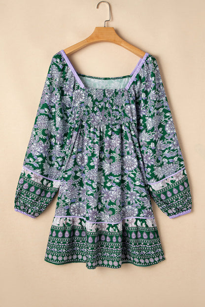 Floral Piping Trim Bubble Sleeve Square Dress