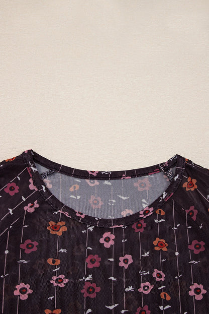 Floral Smock Cuff Mesh Slim Fit Bodysuit