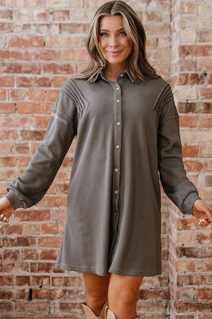 Waffle Knit Pleated Drop Shoulder Shirt Dress