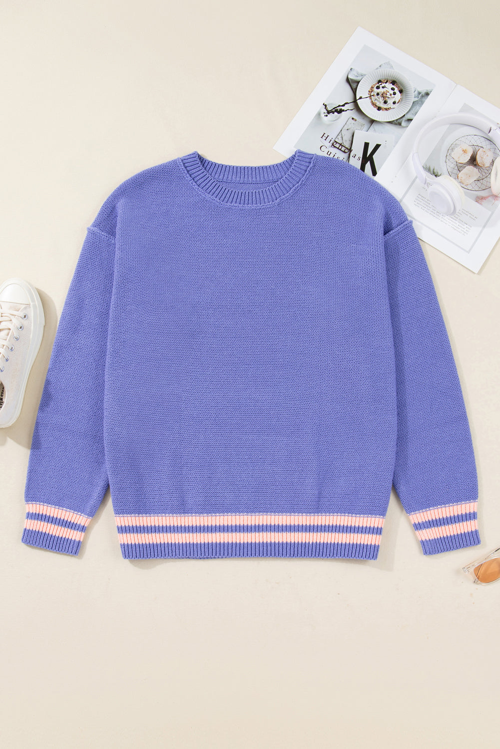 Plus Size Stripe Trim Colorblock Drop Shoulder Sweater