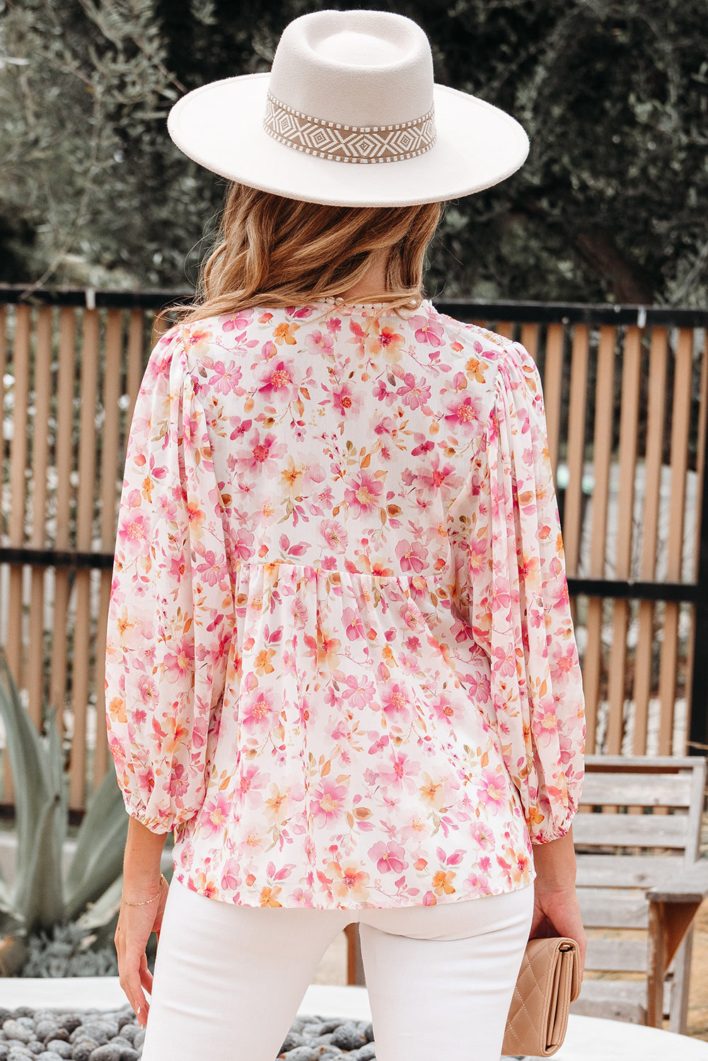 Floral Tassel Tie V-Neck Puff Sleeve Tunic Blouse