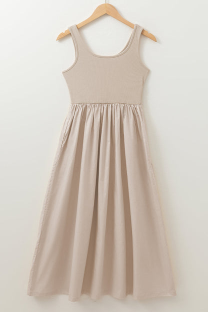 Solid Scoop Neck Ribbed Bodice Pleated Maxi Dress
