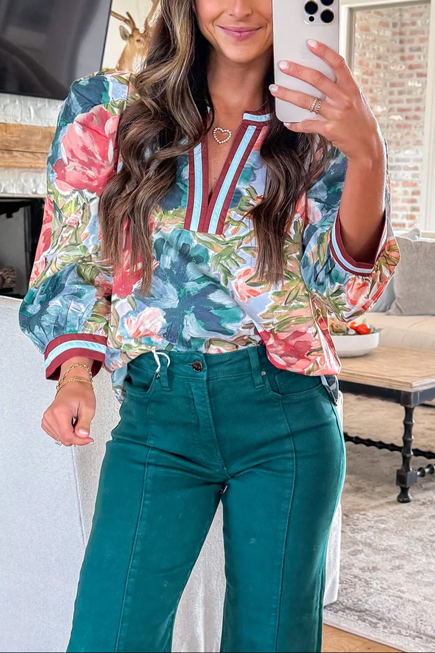 Floral Contrast Trim V-Neck Cuffed Sleeve Blouse