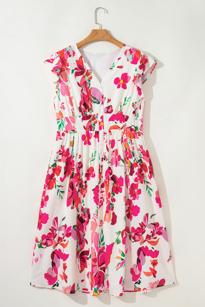 Plus Size Floral Ruffle Sleeve Midi Dress