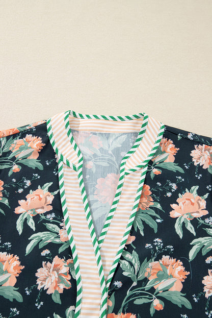 Floral Stripe Trim V-Neck Ruffle Hem Mini Dress