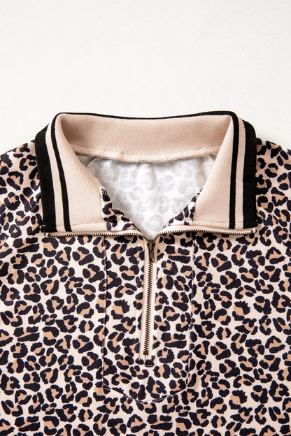 Leopard Half Zip Stripe Short Sleeve Top