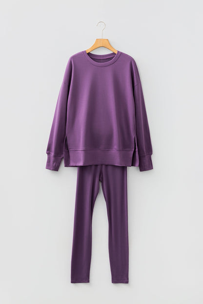 Solid Side Slit Sweatshirt and Leggings Set