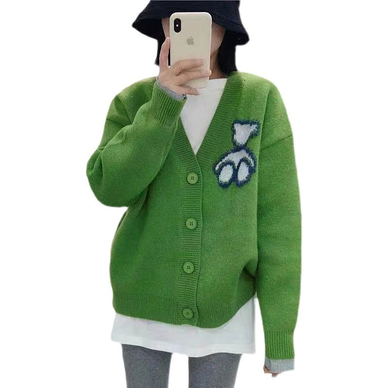 Western Style Idle Style Bear Pattern Sweater For Outer Wear