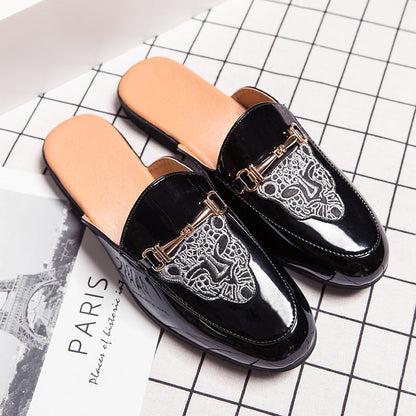 Men's Closed Toe Half Slippers: Bright Leather, Fashion Embroidery