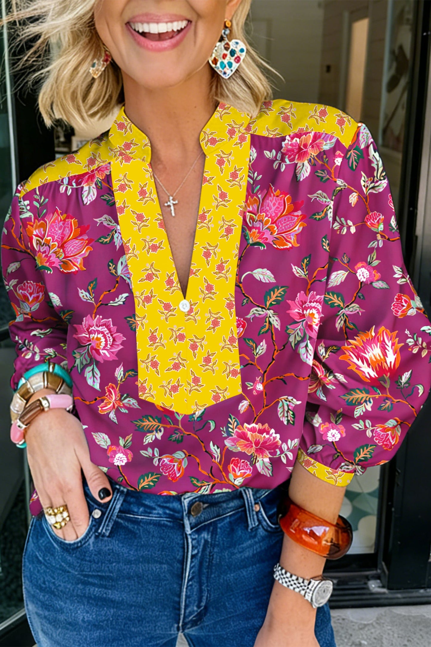 Floral Contrast Placket Split V-Neck Blouse