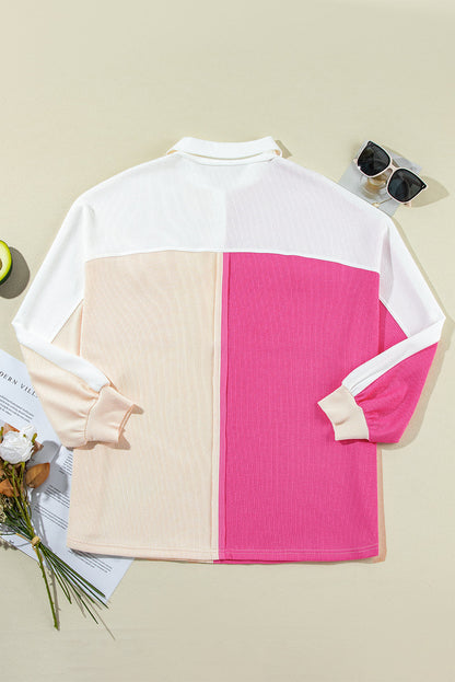 Colorblock Collared Ribbed Patchwork Pocketed Sweatshirt