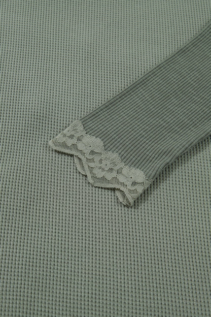 Solid Waffle Rib Lace Patchwork Top