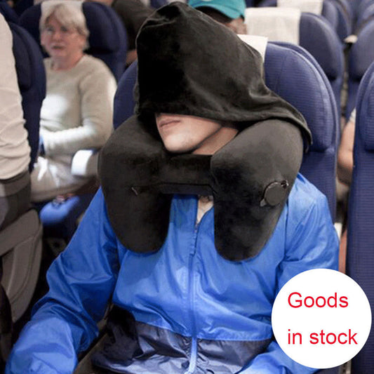 Hooded Inflatable Travel Neck Pillow