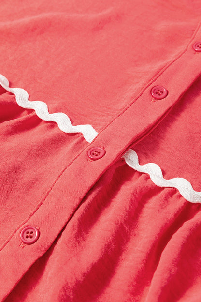 Contrast Ricrac Trim V-Neck Button Down Shirt