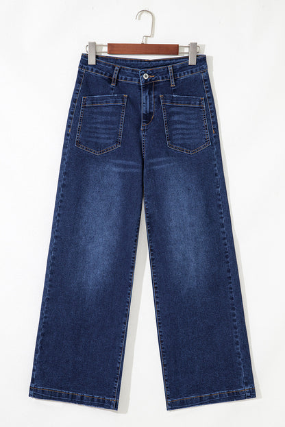 Denim High Waist Patch Pocket Straight Leg Jeans