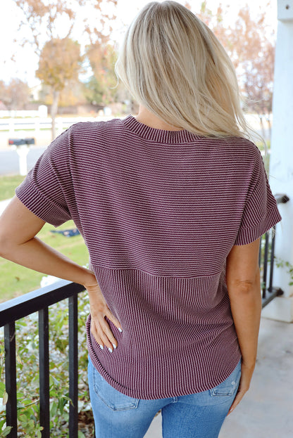 Plain Corded Knit Mock Neck T-Shirt
