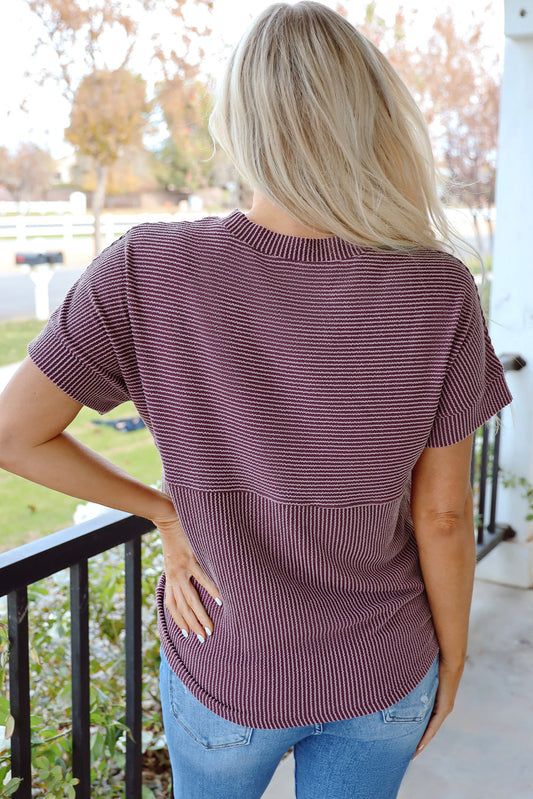 Plain Corded Knit Mock Neck T-Shirt
