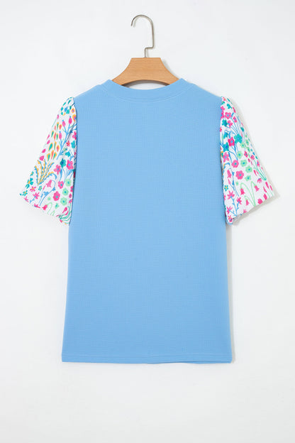 Floral Round Neck Textured Contrast Bubble Blouse