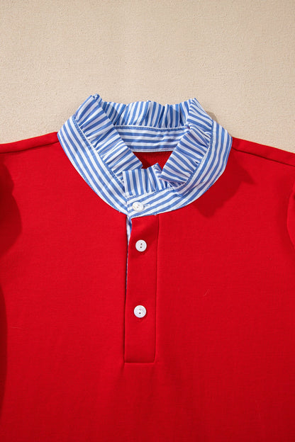 Stripe Contrast Collar Puff Sleeve Ruffle Mini Dress