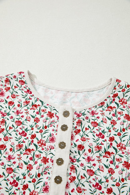 Floral Gauze Patchwork 3/4 Sleeve Blouse