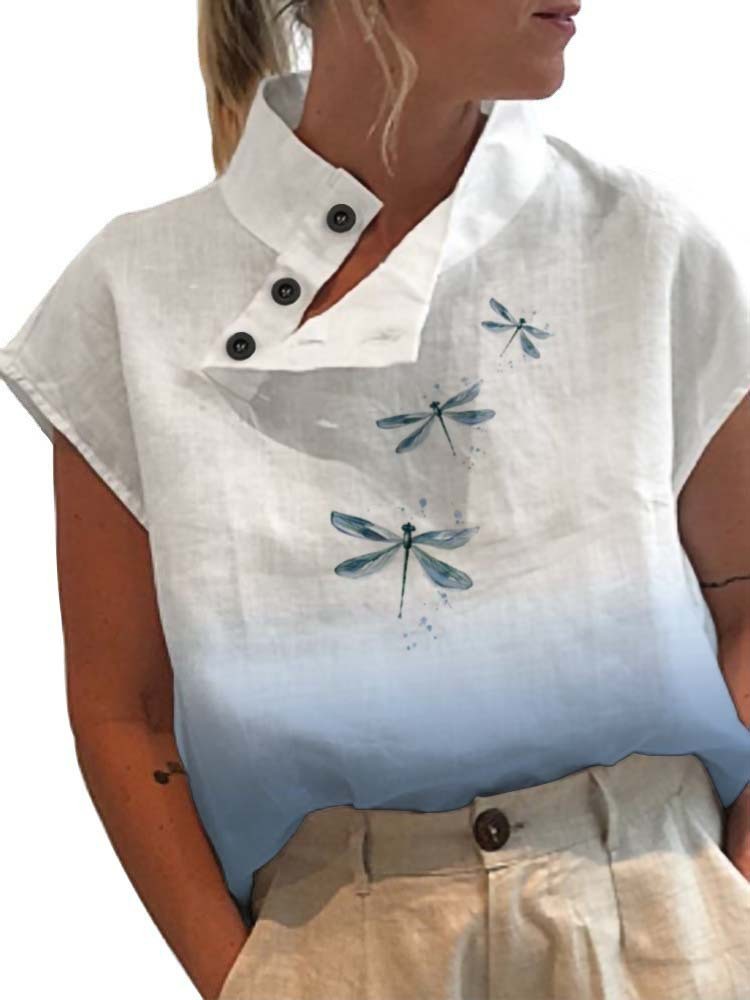 Casual Stand Collar Short Sleeve Digital Print Top