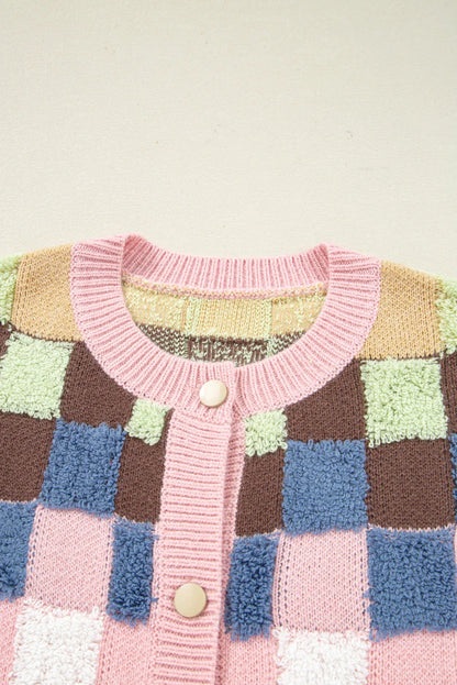 Checker Textured Knit Button Front Cardigan Sweater