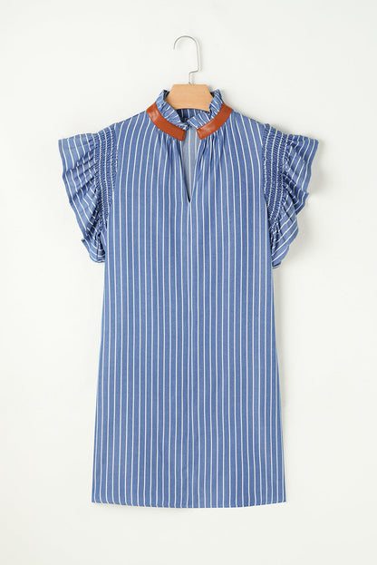 Stripe Frilly Neck Shirred Ruffle Sleeve Mini Dress