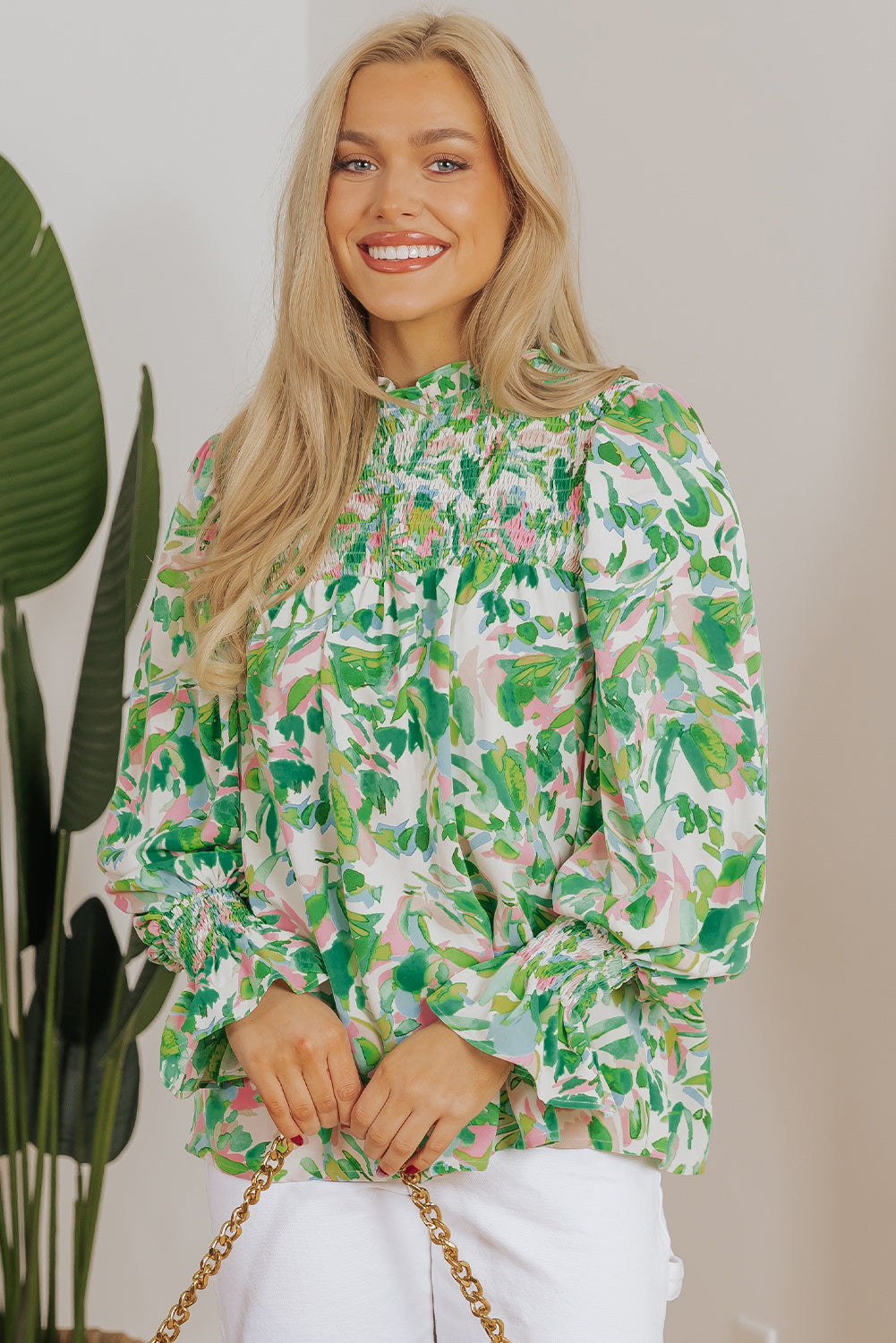 Leaf Flounce Sleeve Shirred Mock Neck Blouse