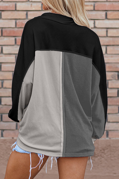 Colorblock Collared Ribbed Patchwork Pocketed Sweatshirt