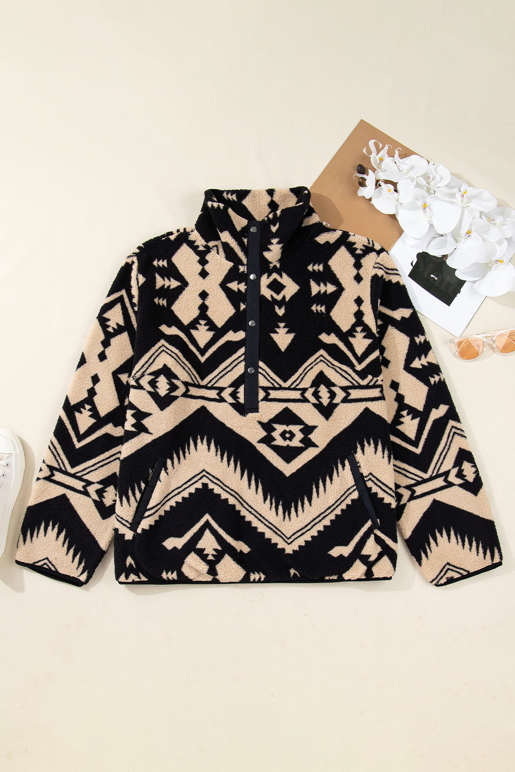 Plus Size Western Aztec Fleece Half Button Sweatshirt