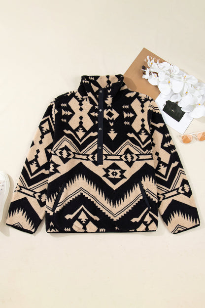 Plus Size Western Aztec Fleece Half Button Sweatshirt