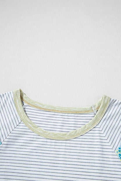 Floral Contrast Stripe Insert Sleeve Round Neck Tee