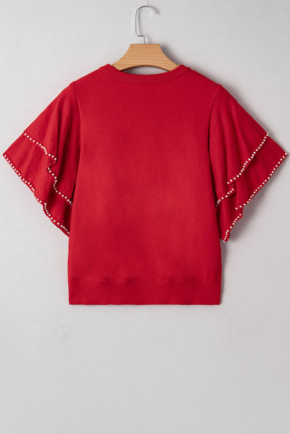 Solid Pearl Embellished Double Ruffle Sleeve Sweater