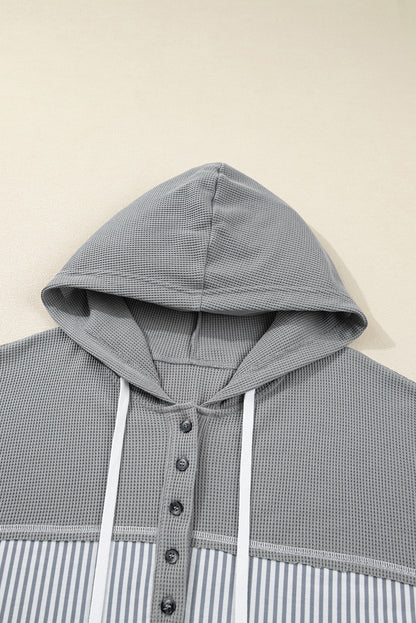 Plus Size Stripe Patchwork Waffle Half-Button Hooded Top