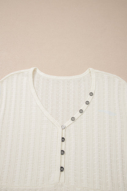 Solid Textured V-Neck Henley Raw-Seam Tee