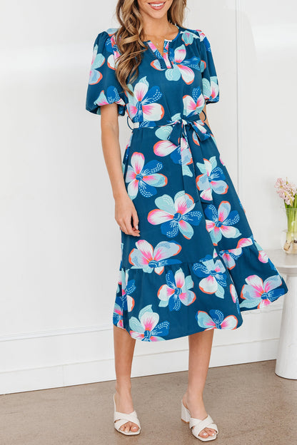 Floral Short Puff Sleeve Ruffle Belted Dress