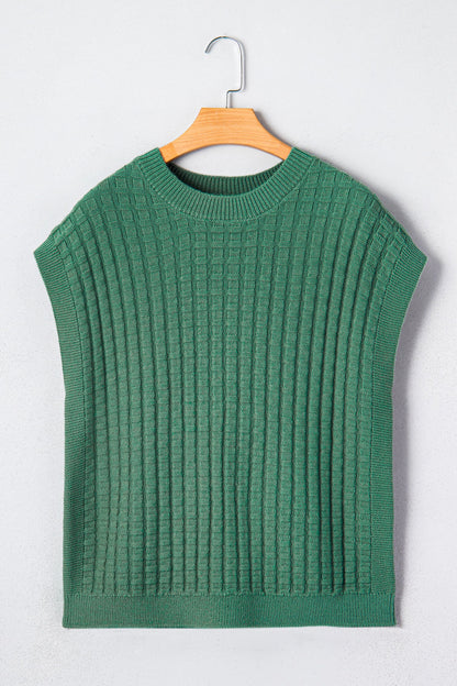 Solid Round Neck Textured Short Sleeve Sweater
