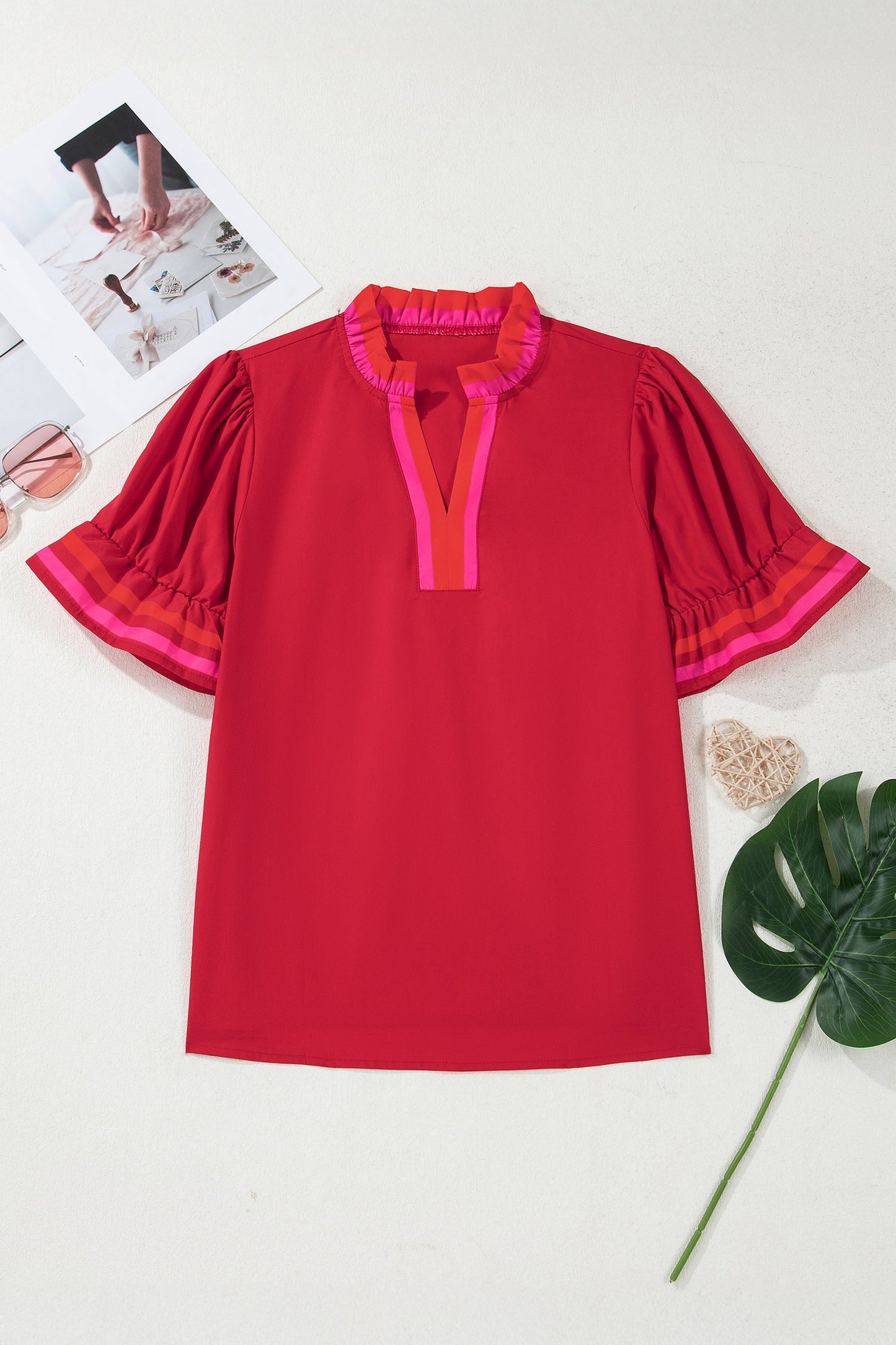Stripe Frill Collar Ruffle Short Sleeve Blouse