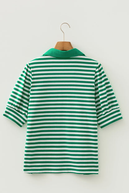 Stripe Collar V-Neck Short Puff Sleeve Top