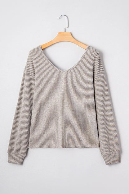 Bow Back Ribbed Knit V-Neck Drop Shoulder Top