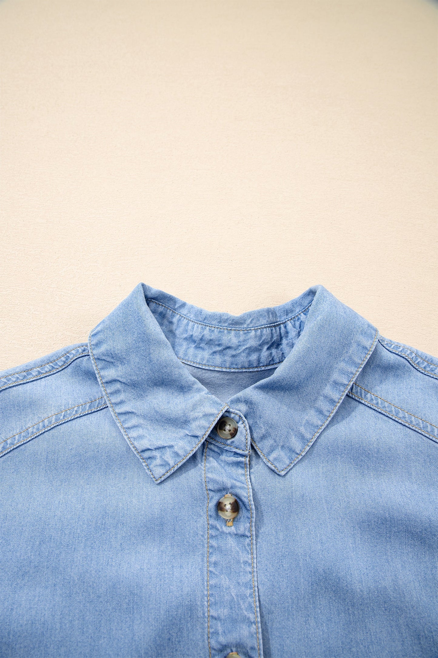 Half Sleeve Ruffle High-Low Chambray Shirt