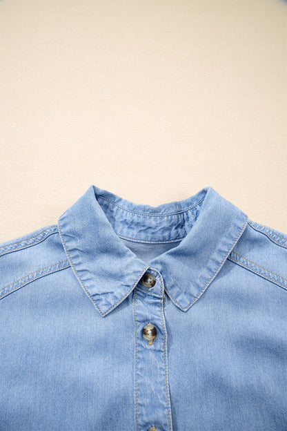 Half Sleeve Ruffle High-Low Chambray Shirt
