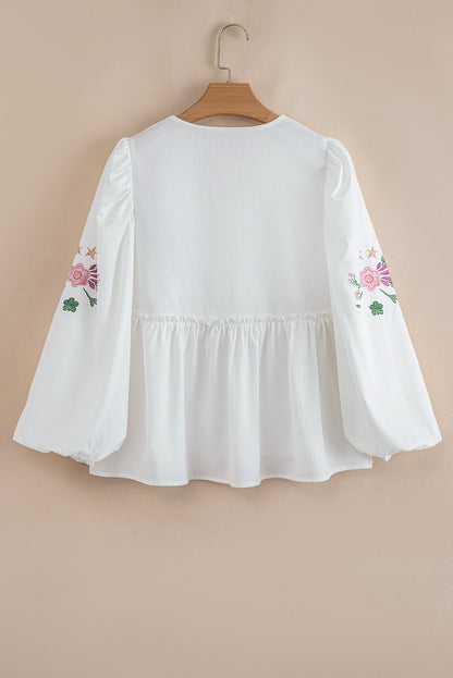 Floral Lace-Up V-Neck Babydoll Blouse