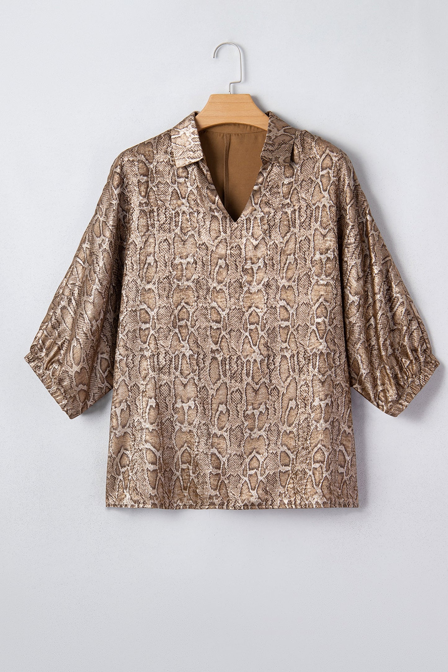 Leopard Metallic Polo Collar V-Neck Blouse