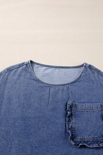 Denim 3/4 Sleeve Ruffle Patch Pocket Blouse