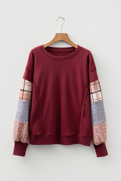 Plaid Patchwork Long Sleeve Raw Seam Sweatshirt